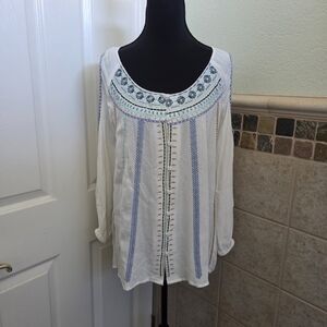 American Rag White Cold Shoulder Blouse W/ Blue & Teal Embroidery Boho Western S